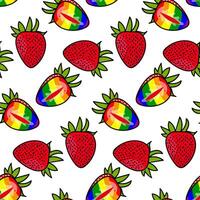 ein Muster von Erdbeeren gemalt Innerhalb im alle das Farben von das Regenbogen. wiederholen Früchte mit Konturen und Farbe. ganze und Schnitt im anders Posen. ein lgbt Symbol. geeignet zum Webseite, Verpackung vektor