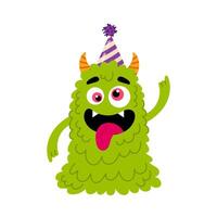 rolig grön monster i platt stil på en vit bakgrund. födelsedag, Semester, grattis. barn tecknad serie karaktär. vektor