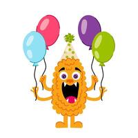 komisch Monster- mit Luftballons im eben Stil auf ein Weiß Hintergrund. Geburtstag, Urlaub, Glückwunsch. Kinder Karikatur Charakter. vektor