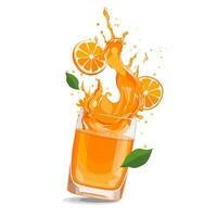 stänk av röd nyligen och friska orange juice med frukt skivor och grön löv. sommar ClipArt i platt stil med citrus- dryck isolerat på vit bakgrund för kort, baner, flygblad, design vektor