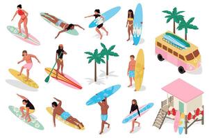 Sommer- Surfen 3d isometrisch Mega Satz. Sammlung eben Isometrie Elemente von Menschen gehen auf tropisch Ozean Resort oder Auto reisen, Schwimmen auf Surfbretter, Rettungsschwimmer Gebäude beim Strand. Illustration. vektor