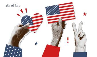 halvton collage händer innehav USA flagga i de form av en hjärta, som visar seger gest. oberoende dag hälsning kort mall. årgång illustration. vektor