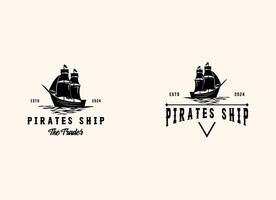 illustration av gammal pirat fartyg eller klassisk handlare segling fartyg båt på hav hav vågor för årgång nautisk märka logotyp vektor