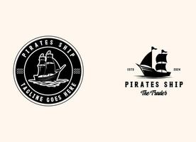 illustration av gammal pirat fartyg eller klassisk handlare segling fartyg båt på hav hav vågor för årgång nautisk märka logotyp vektor