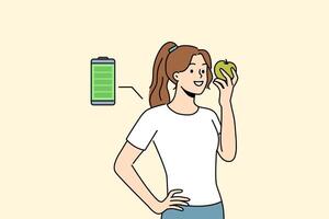 Frau isst frisch Apfel zu aufladen mit Energie und Vitamine von Obst gekauft beim Bauern Markt vektor