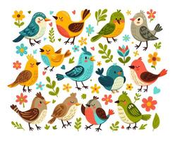 uppsättning av vår fåglar med löv och blommor. tecknad serie illustration i barnslig stil. färgrik fåglar i annorlunda poserar. modern trendig Lycklig karaktär. bilder är isolerat på vit. illustration vektor