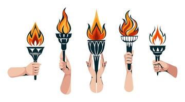 händer samling med flammande fackla. brinnande ficklampa flamma i hand. symboler av relä lopp, konkurrens seger, mästare eller vinnare. hand dra illustration isolerat på vit. illustration vektor