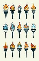 flammande ficklampa ikoner samling. tecknad serie ficklampa med flamma. brinnande brand eller flamma. sport brand tecken. tävlingar, atletisk, mästare, sporter spel eller frihet facklor med lågor ikon. illustration vektor