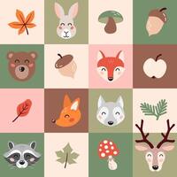 sömlös mönster med söt skog djur ansikten och höst element i tecknad serie platt stil. barn design för skriva ut, textil, omslag papper, tapet, barnkammare. vektor