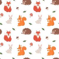 nahtlos Muster mit süß Wald Tiere im Karikatur eben Stil. Karikatur Fuchs, Eichhörnchen, Igel und Hase. Kinder Design zum drucken, Textil, Verpackung Papier, Hintergrund, Kindergarten. vektor