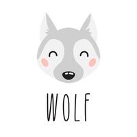 süß Karikatur Wolf Kopf mit Beschriftung. Kinder Design zum drucken, Poster, Aufkleber, Kindergarten. vektor