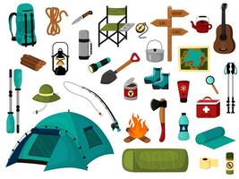 Camping Wandern Artikel einstellen Wohnung. Reise Elemente Sammlung. Sommer- Reise Sachen. Karte, Axt, Wasserkocher, Zeiger, Gitarre, Dosen- Essen, Lagerfeuer, Brennholz, Kompass. Illustration vektor