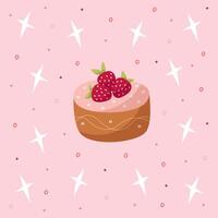 Hand zeichnen Postkarte mit Schokolade Kuchen, drei Erdbeere und Sterne. Pink Rot und braun Farben. Karte zum Geburtstag, Party, Feier und Urlaub. Illustration im eben Stil.rosa Hintergrund. vektor