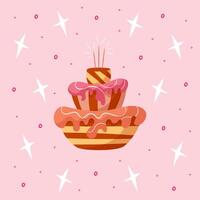 hand dra vykort med choklad kakor, grädde, sparklers och stjärnor. rosa, brun, gul färger. kort för födelsedag, fest, firande och högtider. illustration i platt stil.rosa bakgrund. vektor