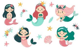 süß einstellen im Kinder- Stil. süß Meerjungfrauen im anders Posen, Seestern und Blumen vektor