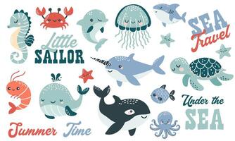 Illustration Sammlung im Kinder- skandinavisch Stil. Orca Delfin Delfin Krabbe Qualle Tintenfisch Fisch Schildkröte Hai Seepferdchen Garnele Schwertfisch vektor