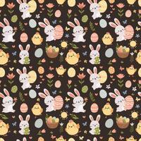 sömlös mönster för de Semester av ljus påsk. söt påsk kaniner, kycklingar, ägg, blommor och fjärilar vektor