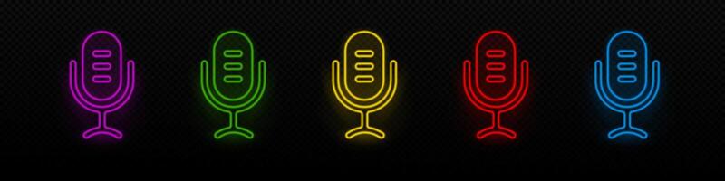 podcast neon ikon. mikrofon lysande laser symbol vektor