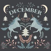 december ordkort. illustration i folkkonststil med enhörningar, julgranar och blommotiv. vektor