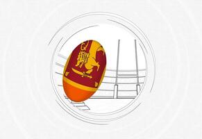 sri Lanka Flagge auf Rugby Ball, gefüttert Kreis Rugby Symbol mit Ball im ein überfüllt Stadion. vektor