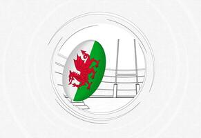 Wales Flagge auf Rugby Ball, gefüttert Kreis Rugby Symbol mit Ball im ein überfüllt Stadion. vektor