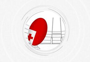 Tonga Flagge auf Rugby Ball, gefüttert Kreis Rugby Symbol mit Ball im ein überfüllt Stadion. vektor