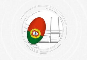 Portugal Flagge auf Rugby Ball, gefüttert Kreis Rugby Symbol mit Ball im ein überfüllt Stadion. vektor