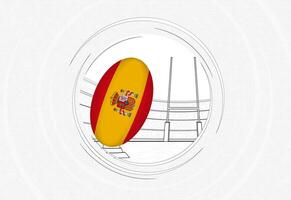 Spanien flagga på rugby boll, fodrad cirkel rugby ikon med boll i en fullt med folk stadion. vektor