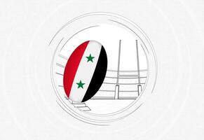 Syrien Flagge auf Rugby Ball, gefüttert Kreis Rugby Symbol mit Ball im ein überfüllt Stadion. vektor