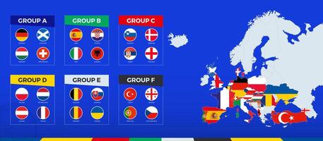 Europa Karta med markerad europeisk fotboll turnering 2024 deltagarna länder. flagga samling sorterad förbi grupp. vektor