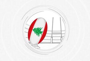 libanon flagga på rugby boll, fodrad cirkel rugby ikon med boll i en fullt med folk stadion. vektor