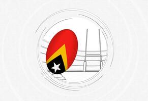 Osten Timor Flagge auf Rugby Ball, gefüttert Kreis Rugby Symbol mit Ball im ein überfüllt Stadion. vektor