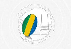 gabon Flagge auf Rugby Ball, gefüttert Kreis Rugby Symbol mit Ball im ein überfüllt Stadion. vektor