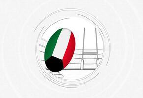 kuwait flagga på rugby boll, fodrad cirkel rugby ikon med boll i en fullt med folk stadion. vektor
