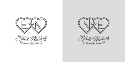 brev sv och ne bröllop kärlek logotyp, för par med e och n initialer vektor