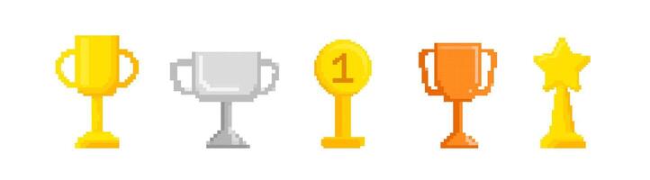 Pixel Gold Tassen Trophäen mit Star und einer einstellen vektor