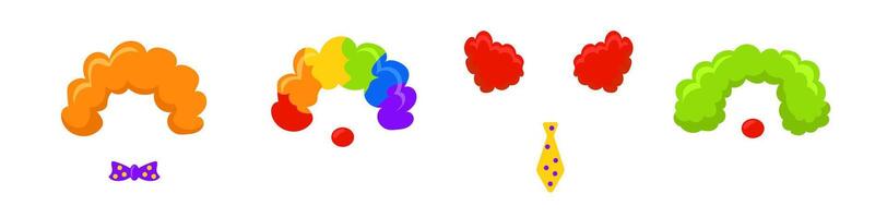 clown peruker mall. roligt regnbåge hår med runda röd näsor vektor