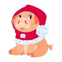 söt gris i julhatt. nyår piggy i röd huva. leende husdjur. färgglada vektorillustration isolerad på vit bakgrund. vektor