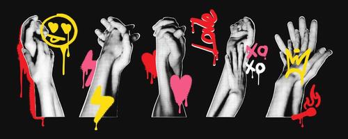 Hände von Liebhaber halten zusammen Halbton Elemente zum Collage mit Graffiti Satz. Liebe, Hingabe, Romantik, intim Verbindung Moment. modisch modern retro Illustration zum Valentinstag Tag Design vektor
