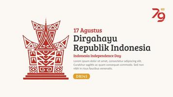 Indonesien Unabhängigkeit Tag Banner. handgemalt Gadang traditionell Haus mit modisch Briefmarke. 17 Agustus Feier vektor