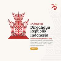 indonesien oberoende dag social media posta, ritad för hand gadang traditionell hus med trendig stämpel, 17 agustus firande vektor