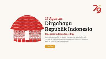 Indonesien Unabhängigkeit Tag Banner. handgemalt honai traditionell Haus mit modisch Briefmarke. 17 Agustus Feier vektor