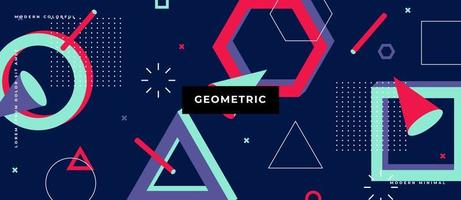 3D abstraktes Retro-geometrisches Element bunt auf dunkelblauem Hintergrund Memphis-Stil. vektor