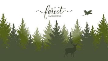 Vektor-Vintage-Waldlandschaft mit grünen Silhouetten von Bäumen, Wildtieren und Adlervögeln. vektor