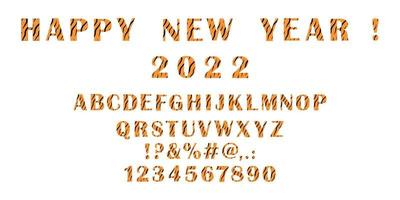 uppsättning av engelska alfabetet och siffror, tecken och gott nytt år text med tigermönster. semesterdekoration. vektor