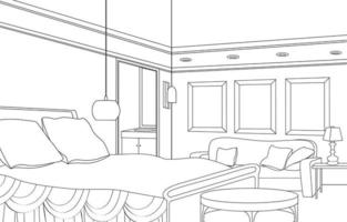 Schlafzimmermöbel. Zimmer im Retro-Stil. bearbeitbare Umrissskizze eines Innenraums. grafisches Interieur. vektor