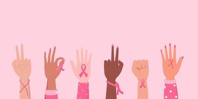 Brust Krebs Bewusstsein Monat zum Krankheit Verhütung Kampagne und vielfältig ethnisch Frauen Gruppe zusammen mit Rosa Unterstützung Band Symbol auf Truhe Konzept, Illustration vektor
