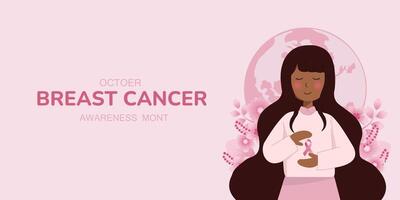 bröst cancer medvetenhet månad för sjukdom förebyggande kampanj och kvinna med rosa Stöd band symbol på bröst begrepp, illustration vektor