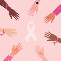bröst cancer medvetenhet månad för sjukdom förebyggande kampanj och olika etnisk kvinnor grupp tillsammans med rosa Stöd band symbol på bröst begrepp, illustration vektor