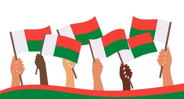 Unabhängigkeit Tag von Madagaskar. Banner mit Madagaskar Flaggen im Hände. Urlaub Illustration. vektor